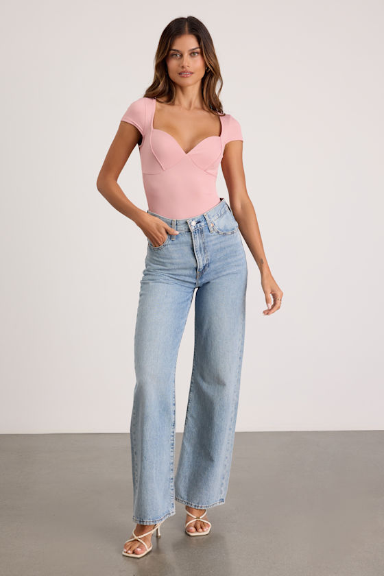 Light Pink Ribbed Bodysuit - Elevated Basics - Short Sleeve Top - Image 4