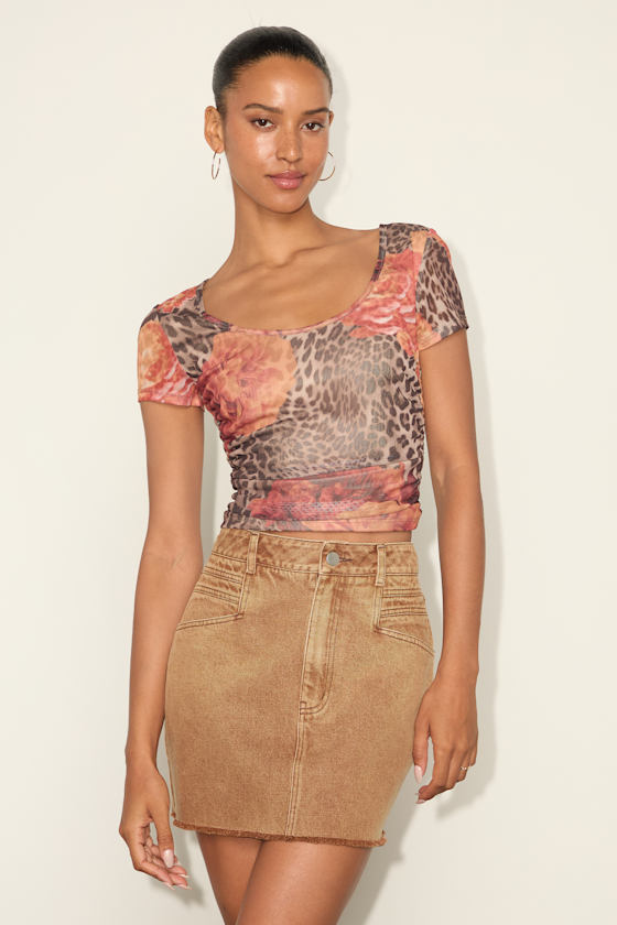 Adamina Brown Leopard and Floral Print Mesh Short Sleeve Top 2