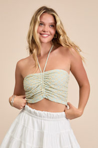Merliah Mint Floral Textured Knit Halter Crop Top 1
