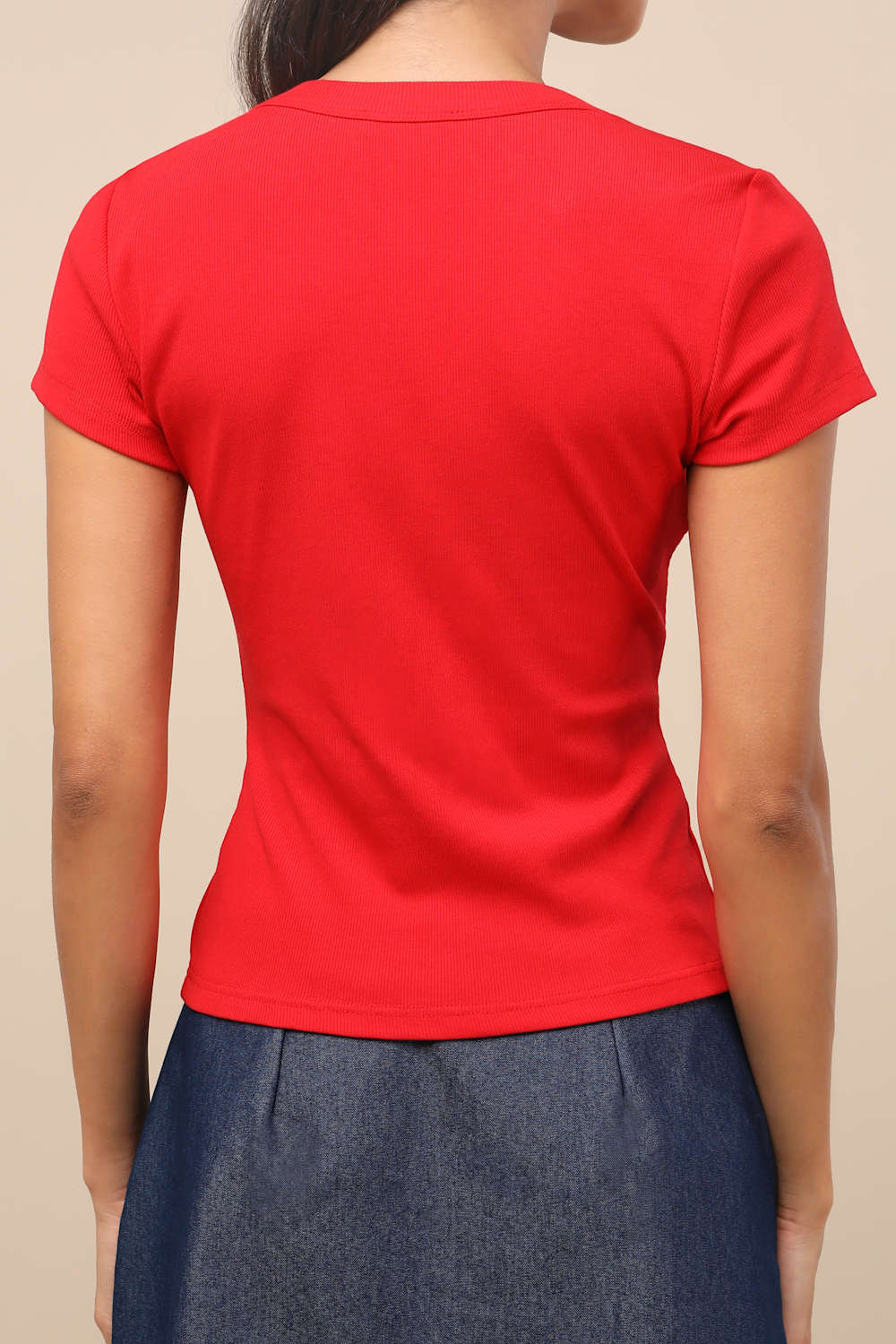 Annalena Red Ribbed Button-Front Short Sleeve Top