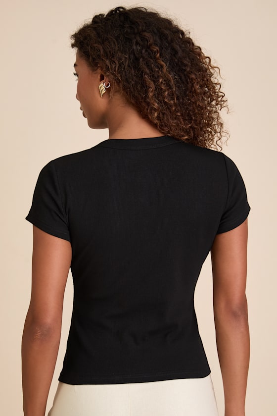Annalena Black Ribbed Button-Front Short Sleeve Top - thumbnail 3