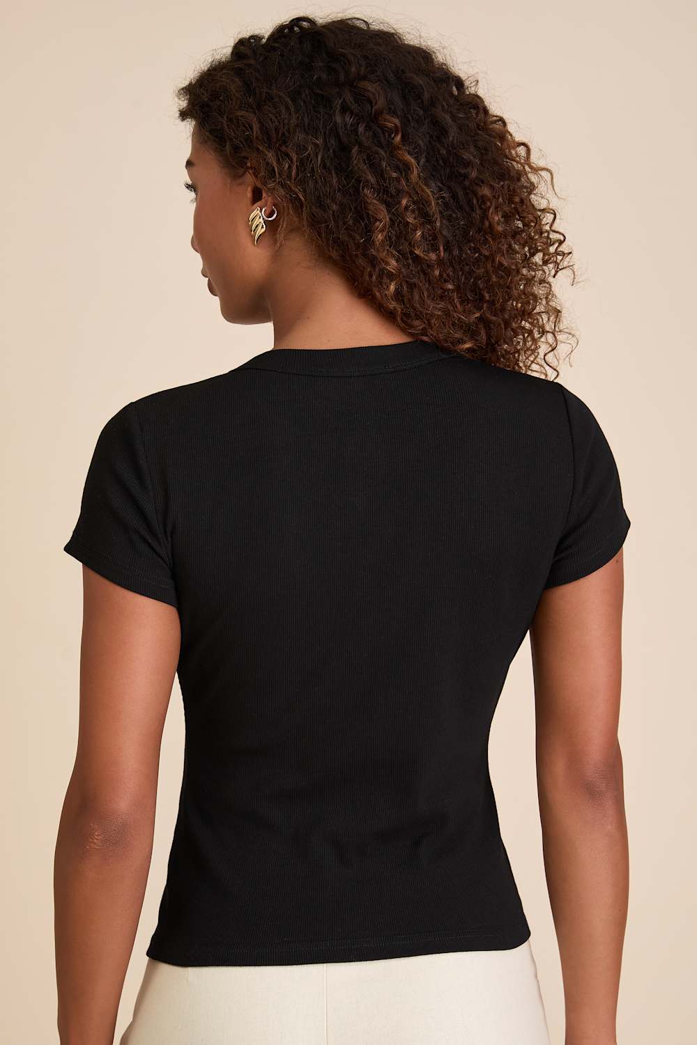 Annalena Black Ribbed Button-Front Short Sleeve Top
