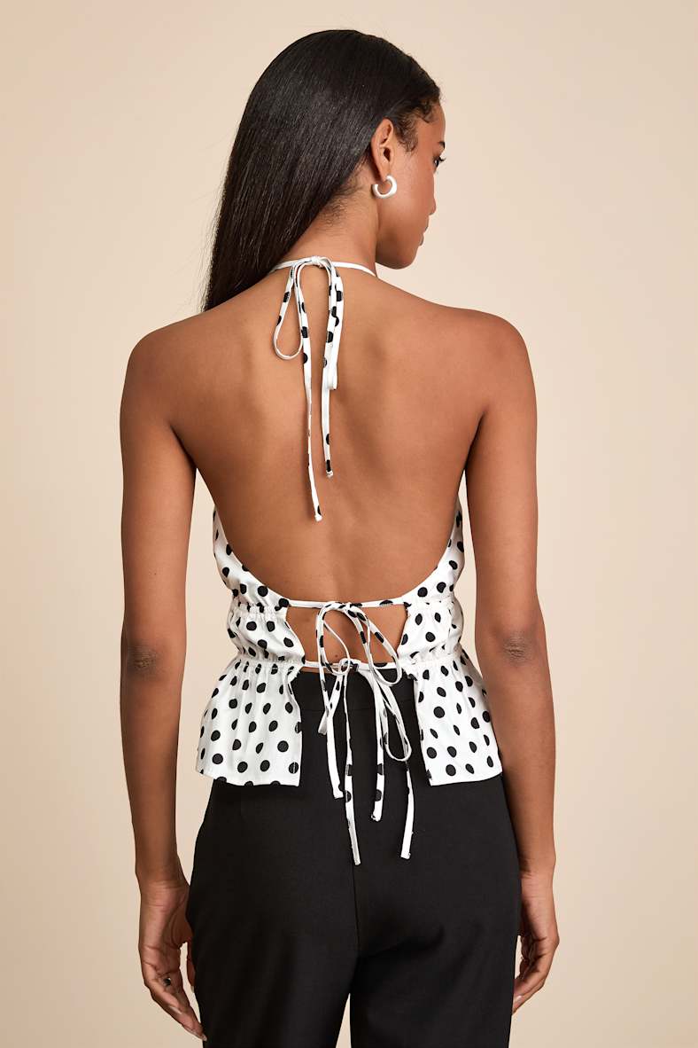Maylis White Polka Dot Tie-Back Halter Peplum Top