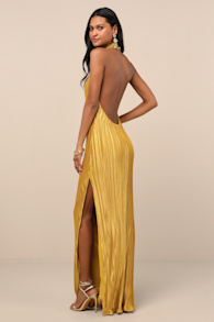 Gwenny Golden Yellow Satin Plisse Maxi Dress 5