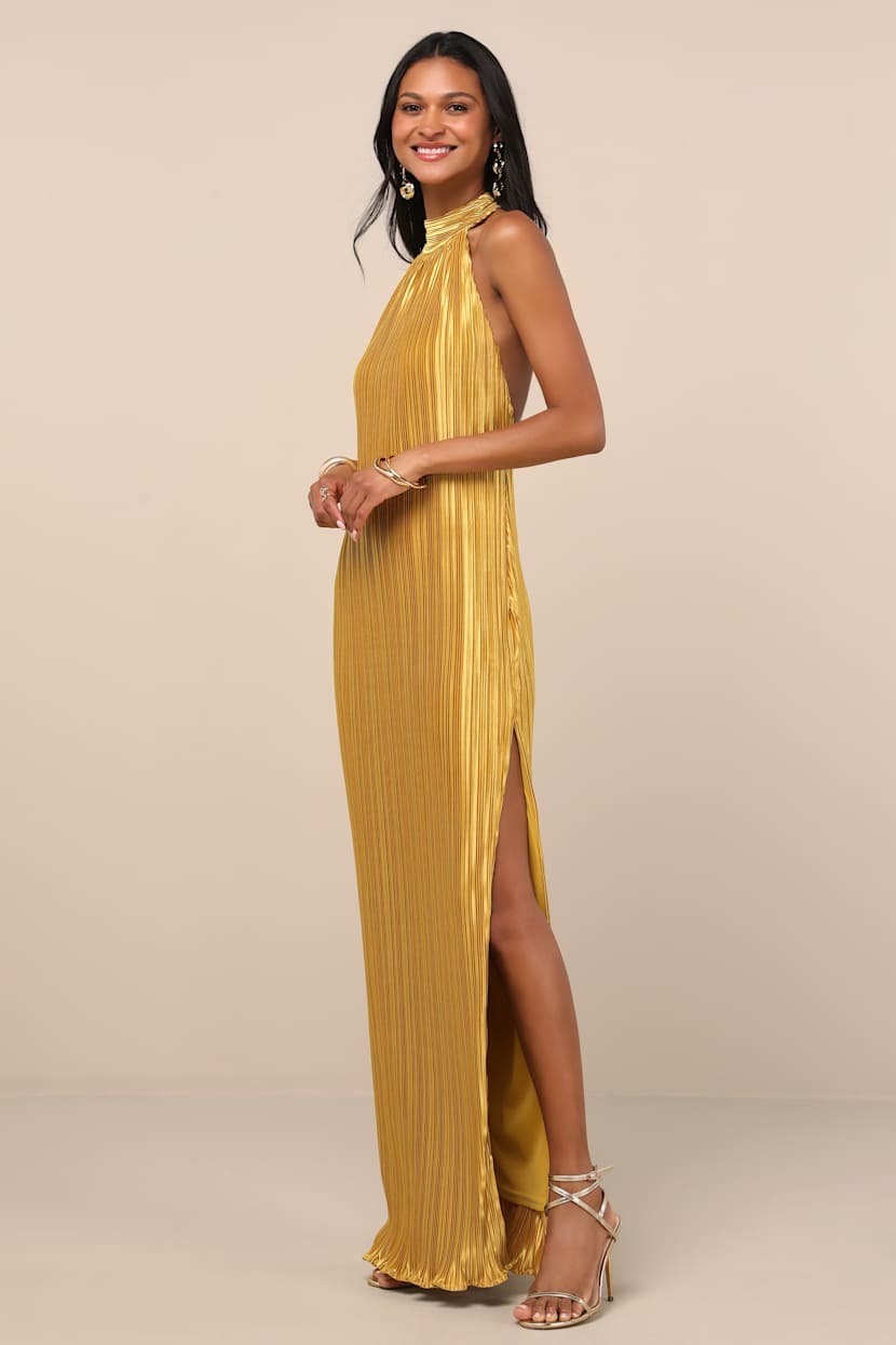 Gwenny Golden Yellow Satin Plisse Maxi Dress