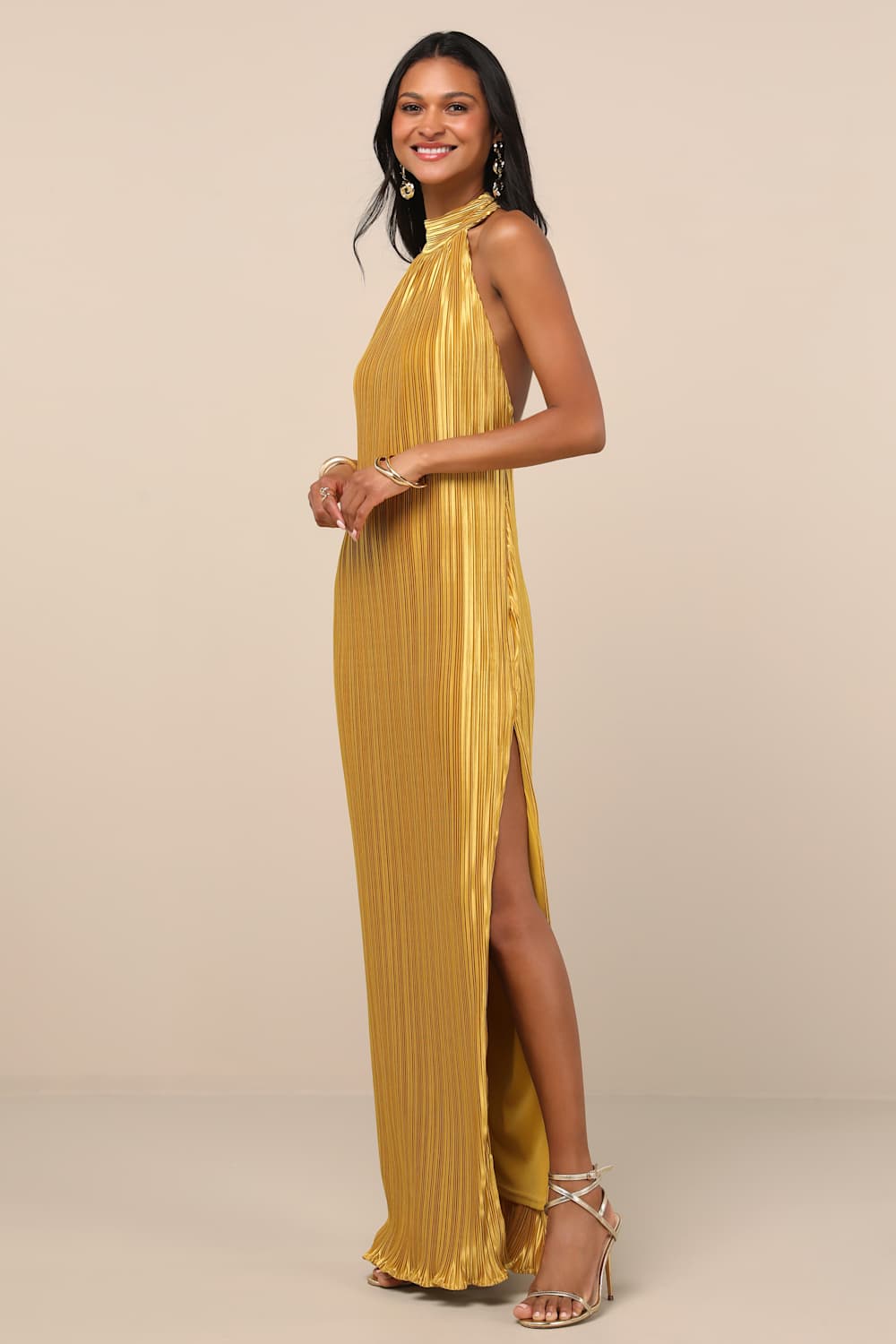 Gwenny Golden Yellow Satin Plisse Maxi Dress