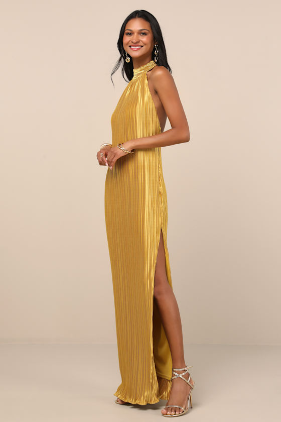 Gwenny Golden Yellow Satin Plisse Maxi Dress