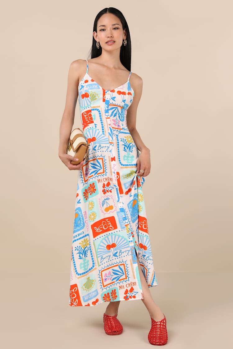 Multi Print Midi Dress- Sleeveless Dress - Button-Front Dress - Lulus