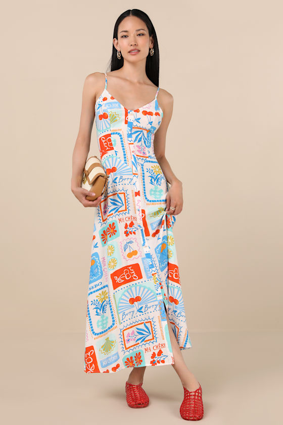 Sanya Ivory Multi Print Button-Front Sleeveless Midi Dress 2
