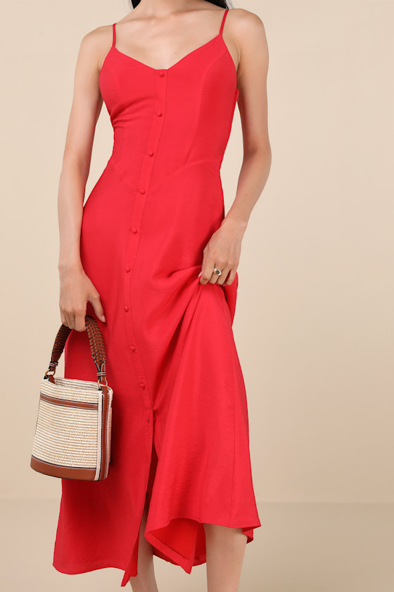 Sanya Red Button-Front Sleeveless Midi Dress 1