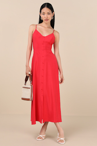 Sanya Red Button-Front Sleeveless Midi Dress 3