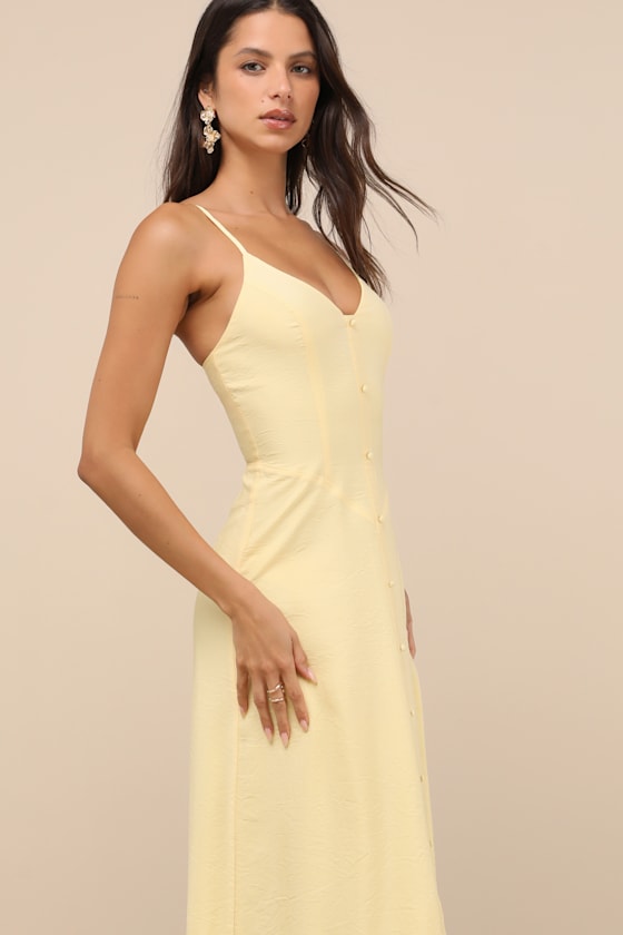 Sanya Light Yellow Button-Front Sleeveless Midi Dress 1