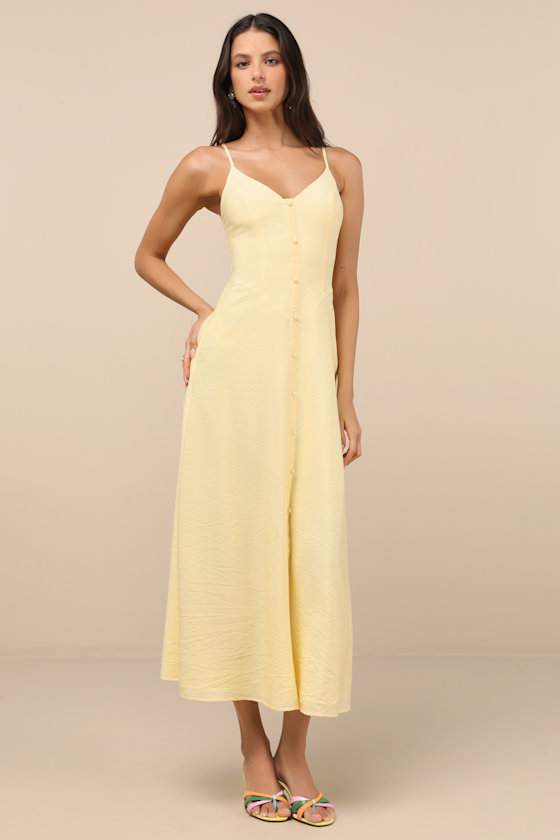 Yellow Midi Dress- Sleeveless Dress - Button-Front Midi