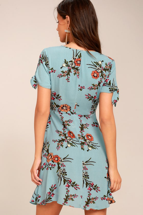 Lovely Light Blue Dress - Floral Print Dress - Wrap Dress