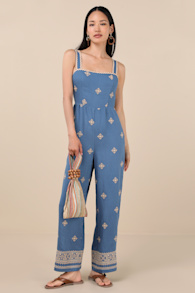 Arwen Blue Embroidered Wide-Leg Jumpsuit 2