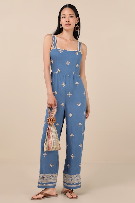 Arwen Blue Embroidered Wide-Leg Jumpsuit 2