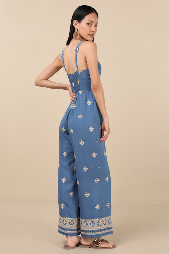 Blue Embroidered Jumpsuit - Wide-Leg Jumpsuit - Cute Jumpsuit - Image 2
