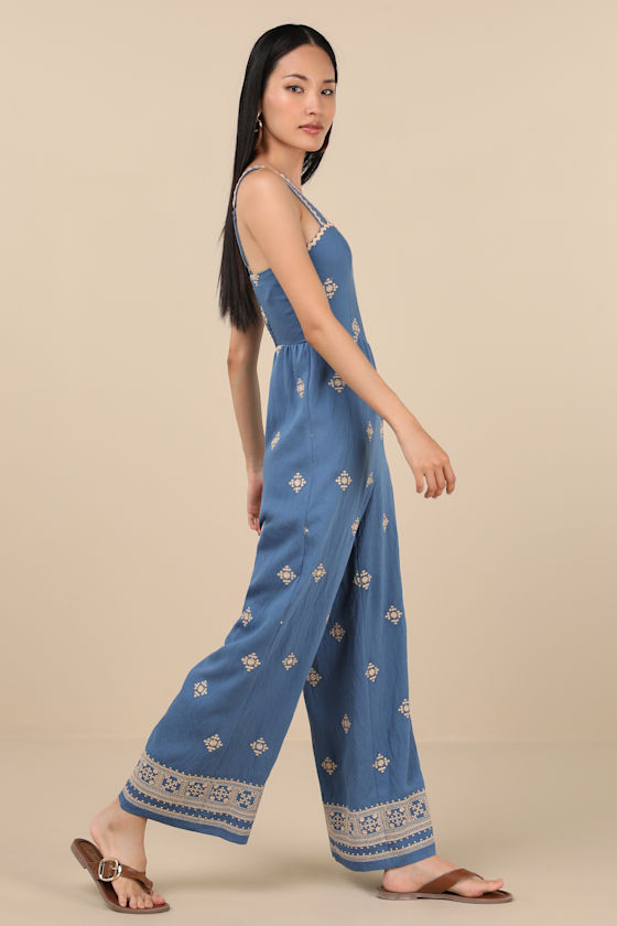 Blue Embroidered Jumpsuit - Wide-Leg Jumpsuit - Cute Jumpsuit - Image 3