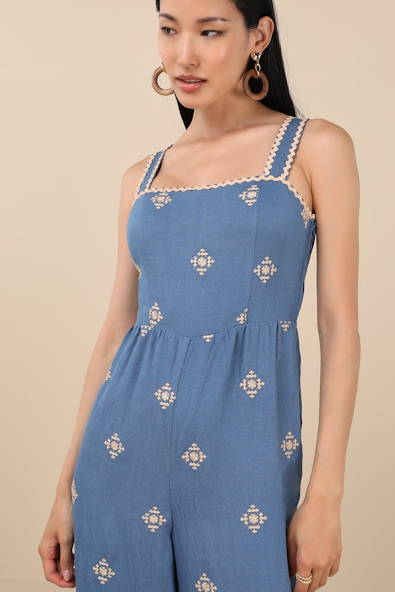 Blue Embroidered Jumpsuit - Wide-Leg Jumpsuit - Cute Jumpsuit - Image 4