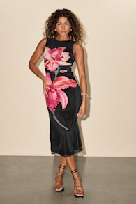 Elyra Black Floral Mesh Ruched Crew Neck Midi Dress 1