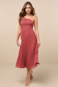 Wondrous Muse Rusty Rose Pleated One-Shoulder Midi Dress 1