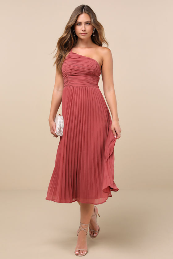 Wondrous Muse Rusty Rose Pleated One-Shoulder Midi Dress 1