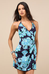 Aelora Dark Navy and Aqua Paisley Print Halter Mini Dress 2