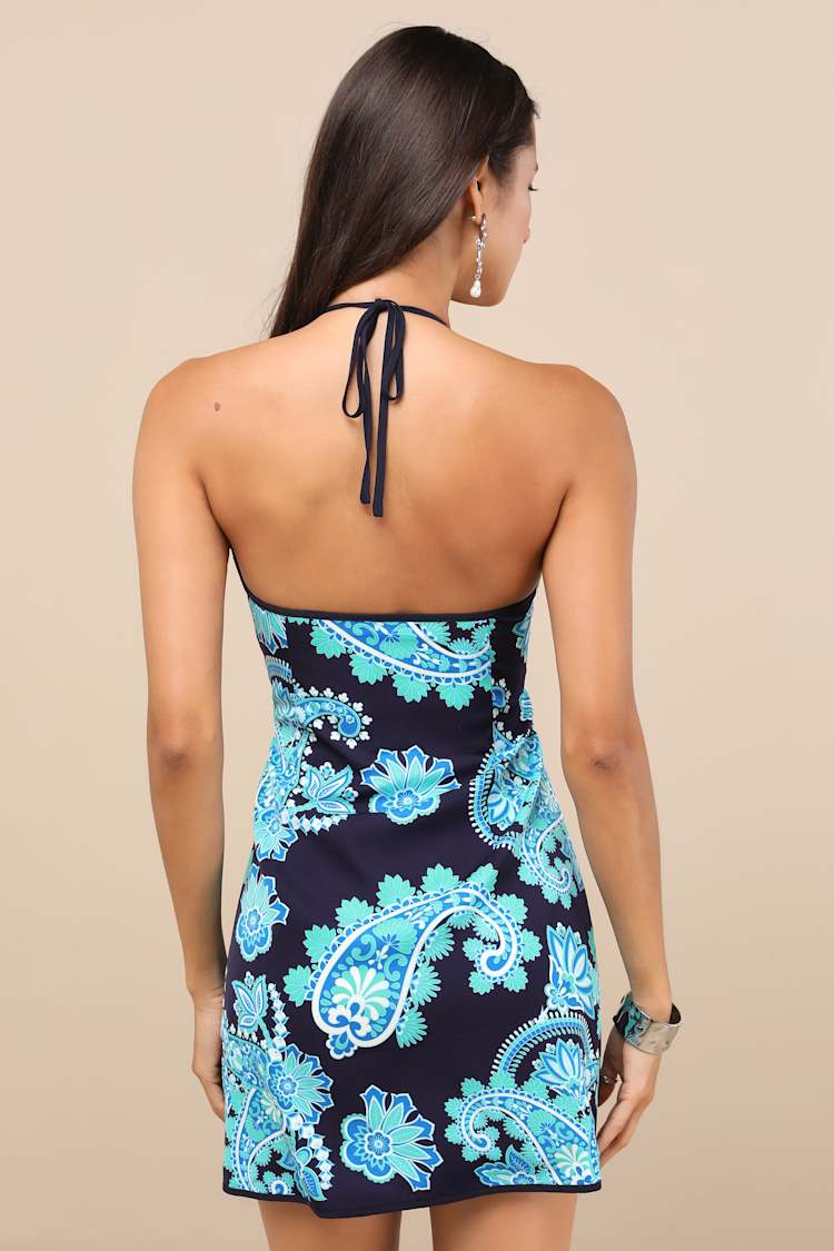 Aelora Dark Navy and Aqua Paisley Print Halter Mini Dress