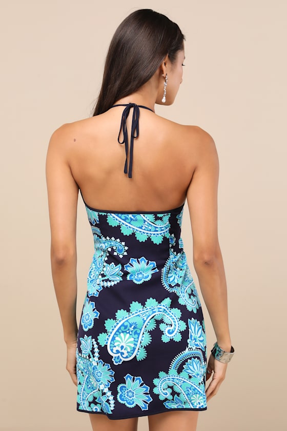 Aelora Dark Navy and Aqua Paisley Print Halter Mini Dress 5