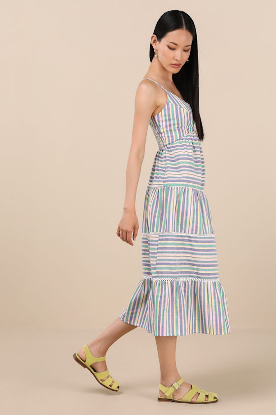 Journi Green Multi Striped Tiered Midi Dress 4