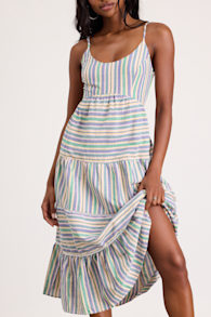 Journi Green Multi Striped Tiered Midi Dress 3