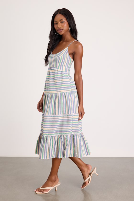 Journi Green Multi Striped Tiered Midi Dress 5