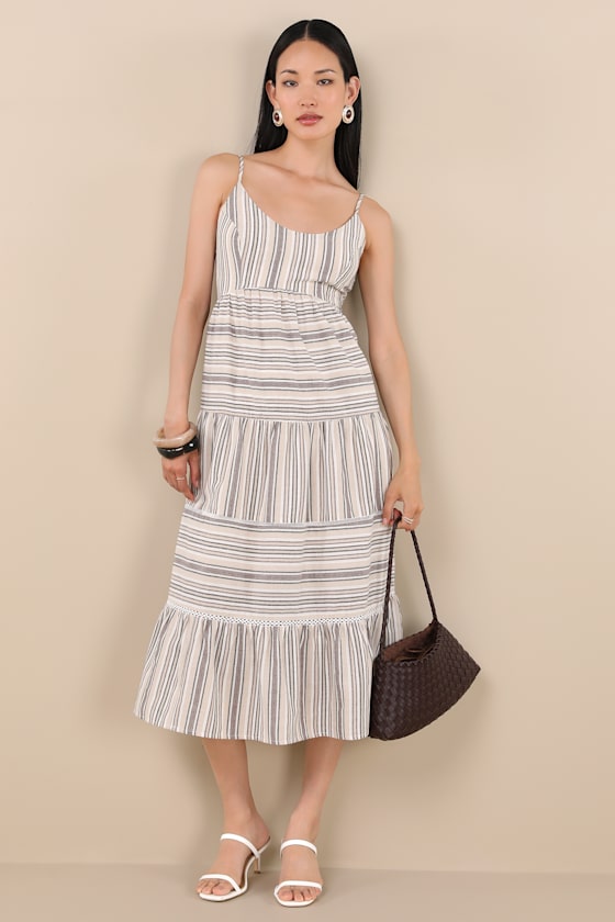 Journi Taupe Striped Tiered Midi Dress 3