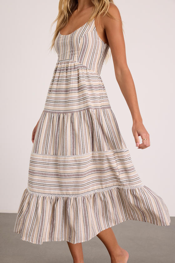 Journi Taupe Striped Tiered Midi Dress 3