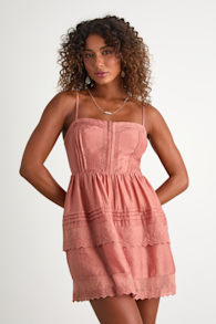 Abby Rusty Rose Lace Tiered Mini Dress 1