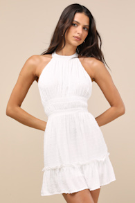 Zahia White Swiss Dot Ruffled Halter Mini Dress 2