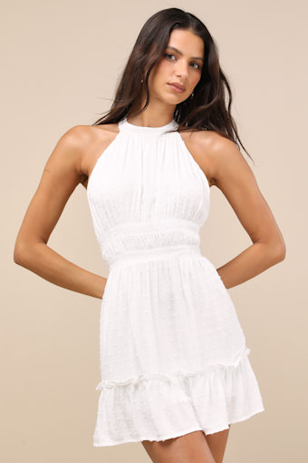 Zahia White Swiss Dot Ruffled Halter Mini Dress 2