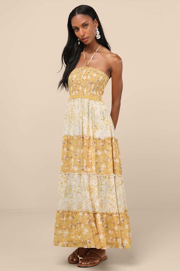 Bennie Yellow and Ivory Floral Tiered Halter Maxi Dress