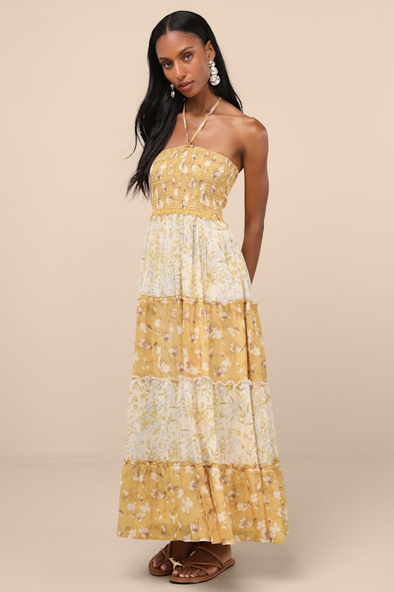 Bennie Yellow and Ivory Floral Tiered Halter Maxi Dress 3