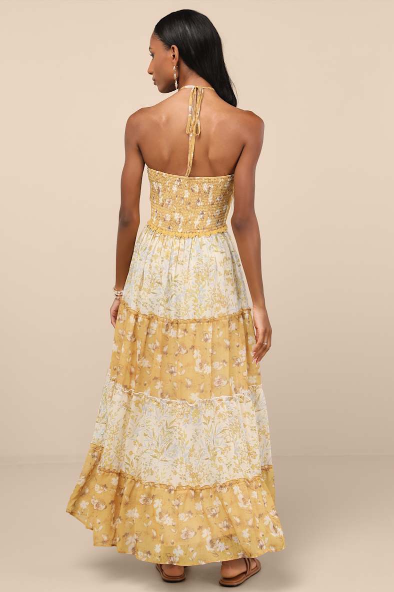 Bennie Yellow and Ivory Floral Tiered Halter Maxi Dress