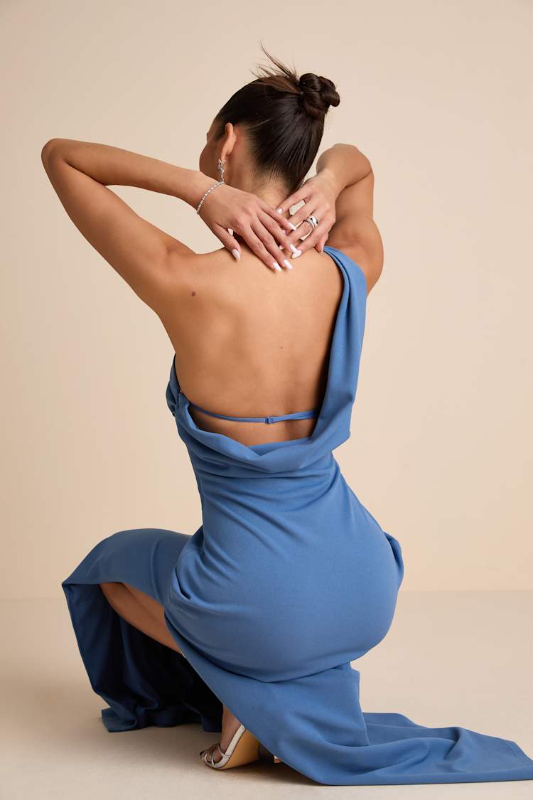 Maevyn Blue Cowl Back Column Maxi Dress
