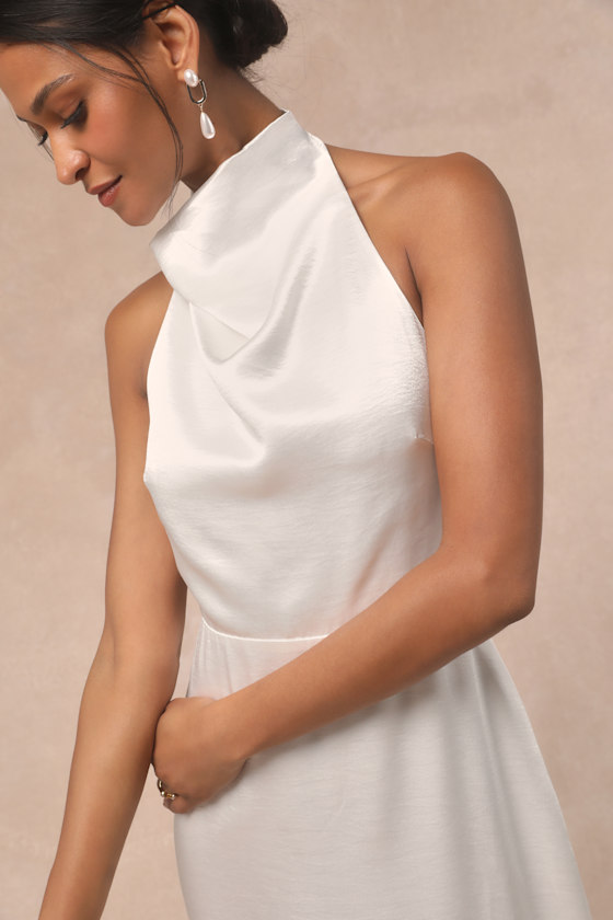 Meliana White Satin Halter Backless Maxi Dress 1
