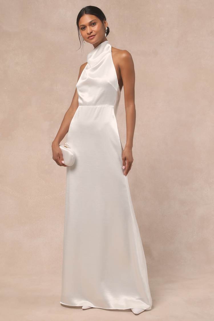 Meliana White Satin Halter Backless Maxi Dress