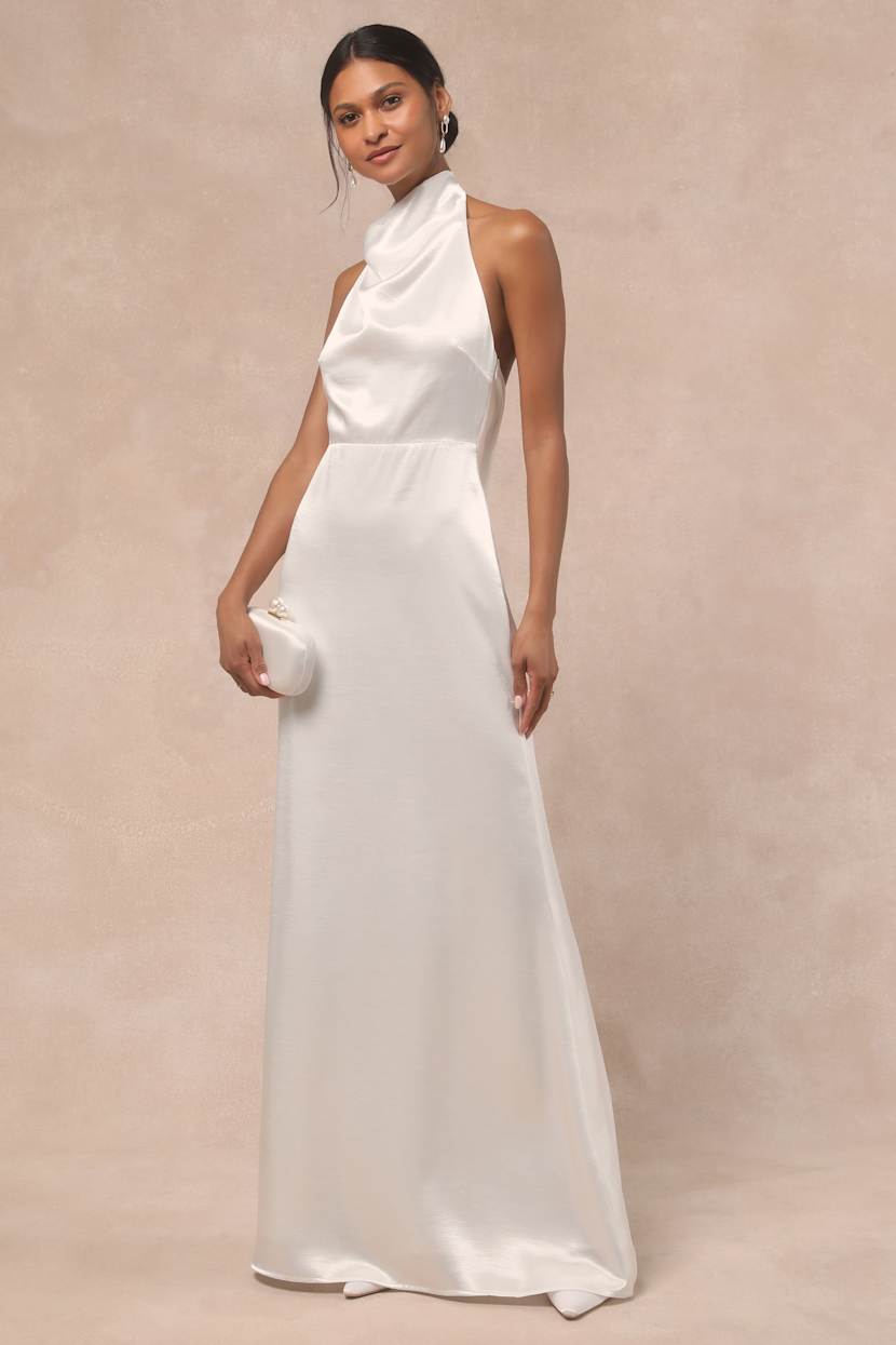 White Satin Halter Backless Maxi Dress | Womens | Large (Available in XS, S, M, XL) | 100% Polyester