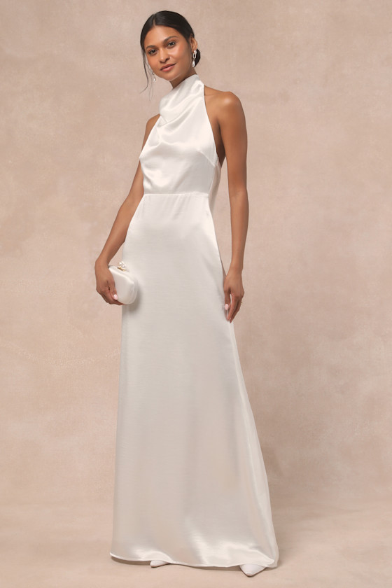 Meliana White Satin Halter Backless Maxi Dress