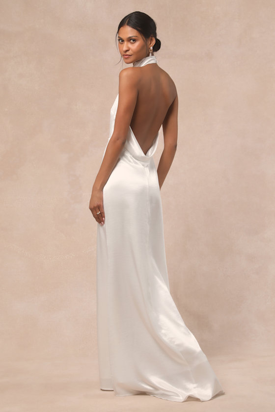 Meliana White Satin Halter Backless Maxi Dress