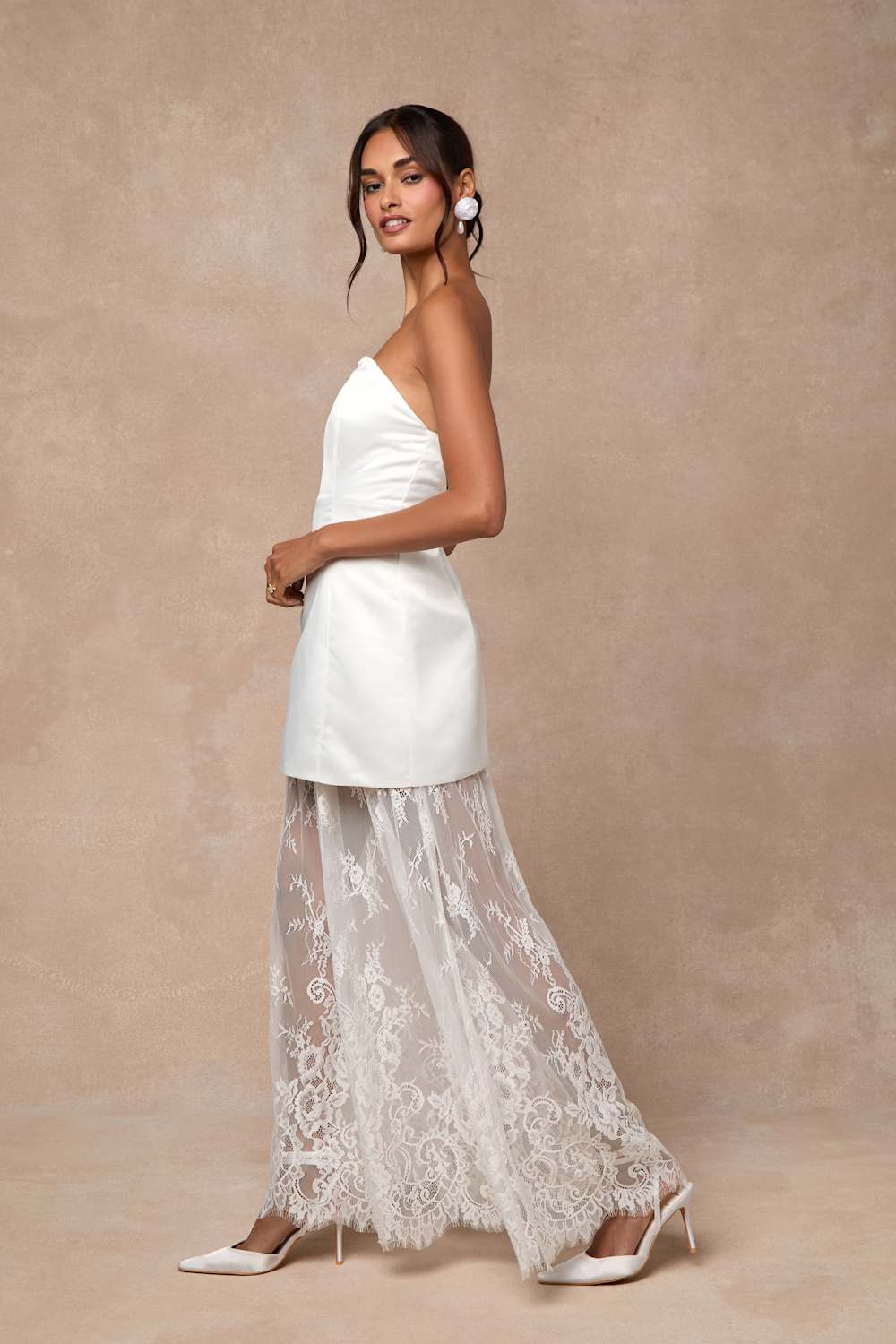Winslet White Satin Sheer Hem Strapless Maxi Dress