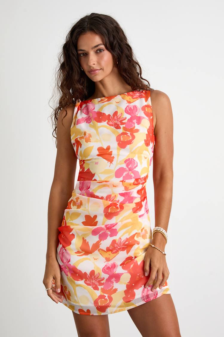 Orange Floral Boat Neck Pleated Mini Dress | Womens | X-Small (Available in XL) | 100% Polyester | Lulus