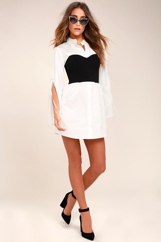 Sultry Business Black and White Shirt Dress 4