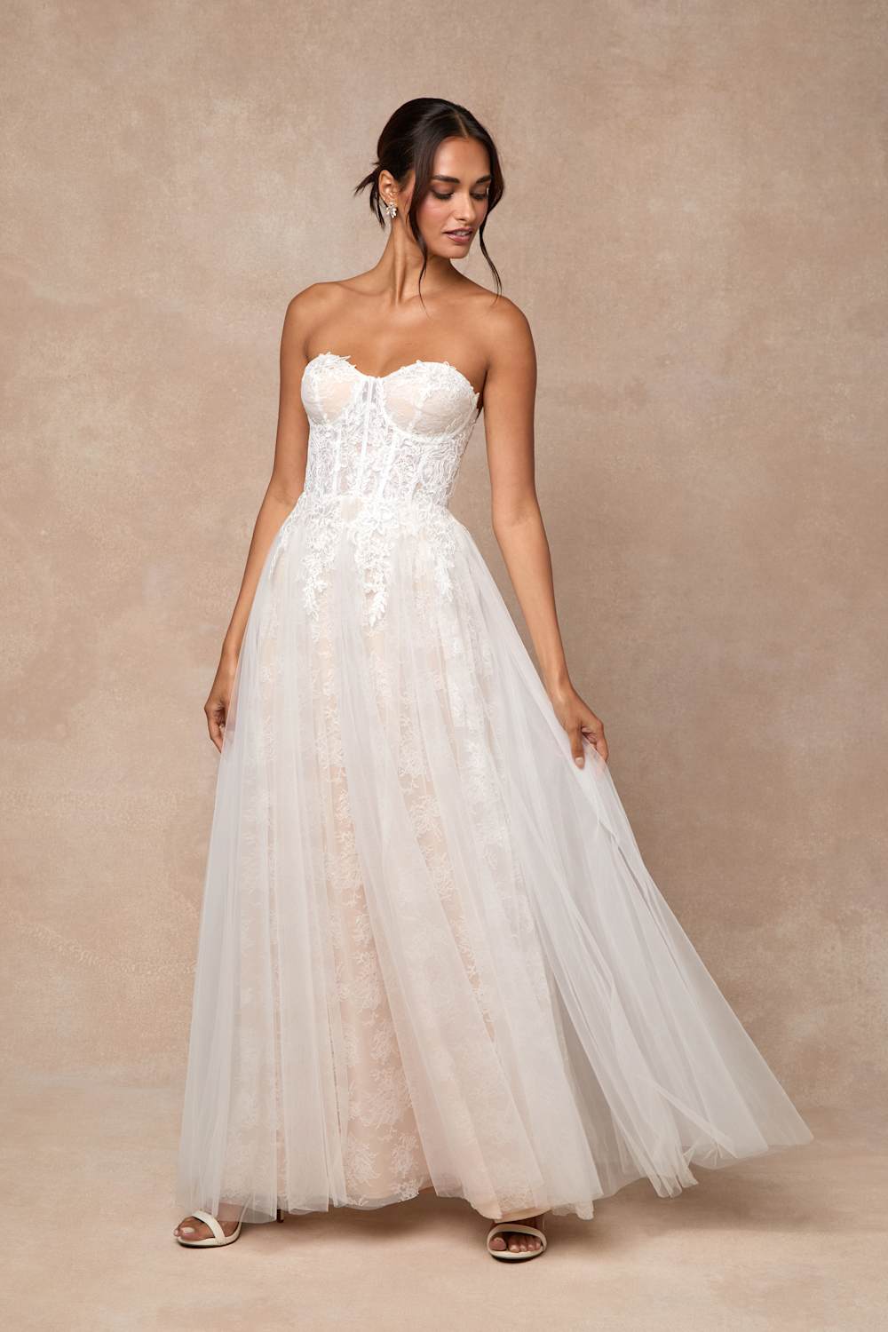 Colette White and Beige Lace Bustier Maxi Dress